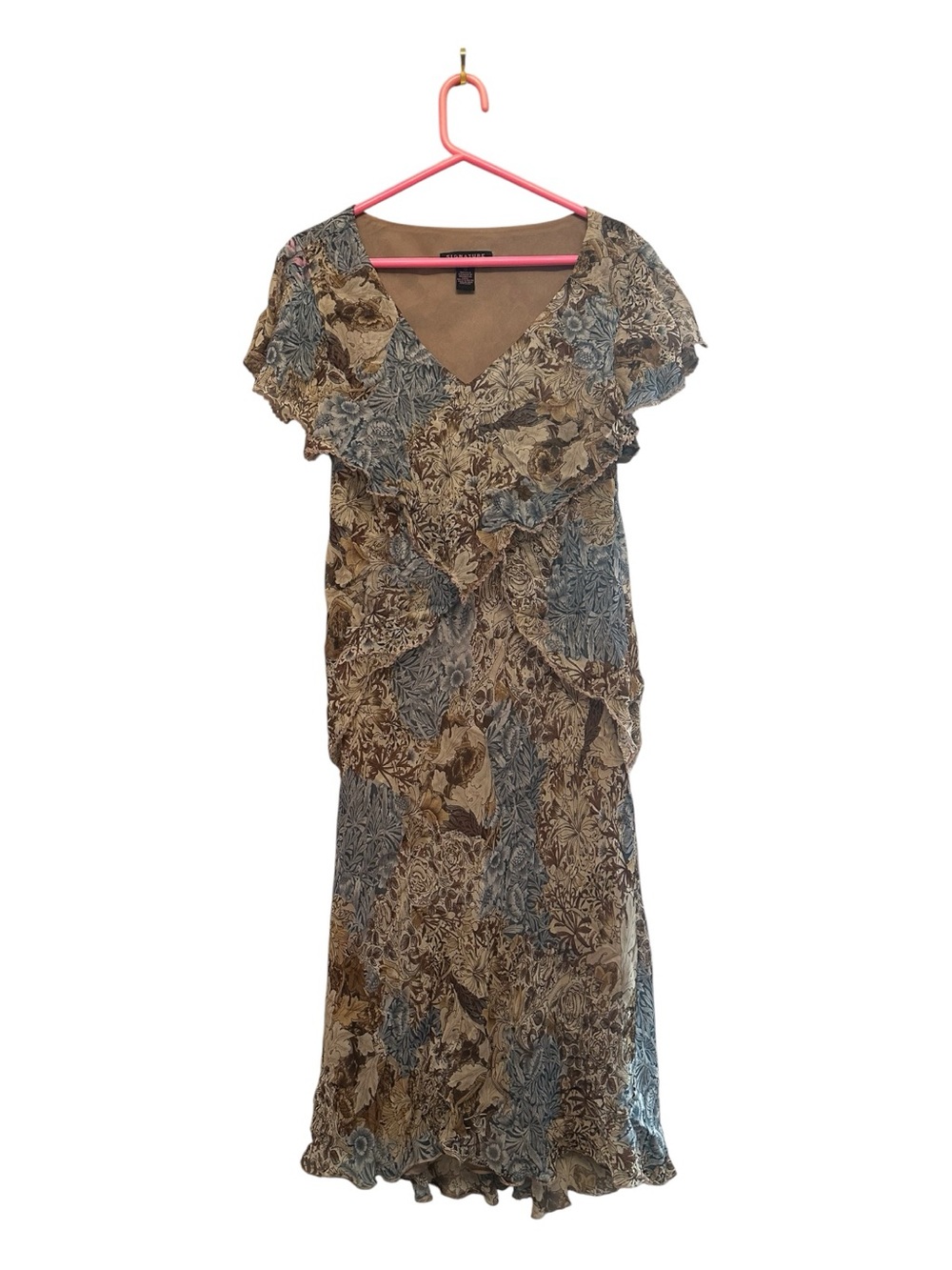 Y2K Vintage Signature 100% Silk Neutral Blue & Brown Floral Fairy Midi Dress 12